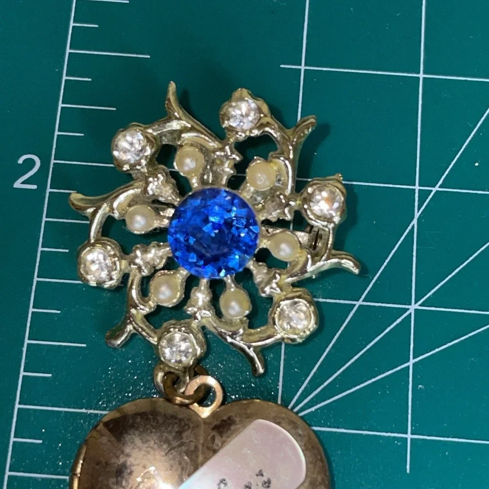 ESTATE Find Vintage Military WWII Brooch | Mother Locket | Blue Clear Rhinestone